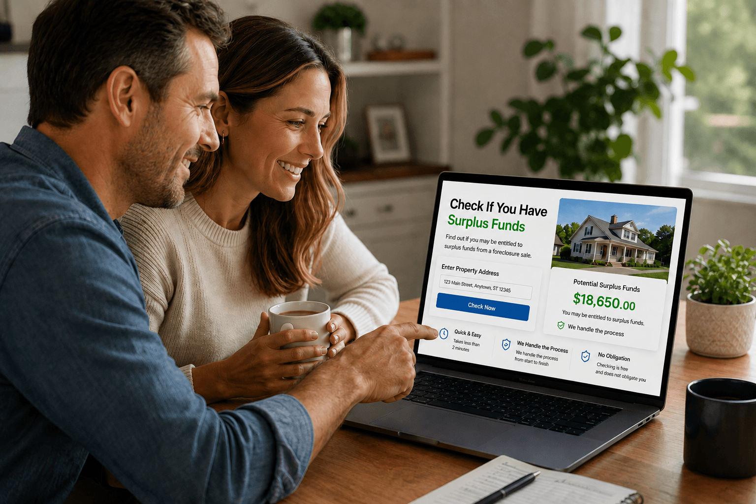 Couple checking if surplus funds are available on a laptop